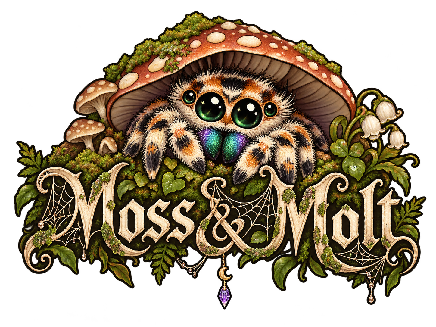 Moss & Molt: a jumping spider beneath a mushroom, surrounded by woodland plants