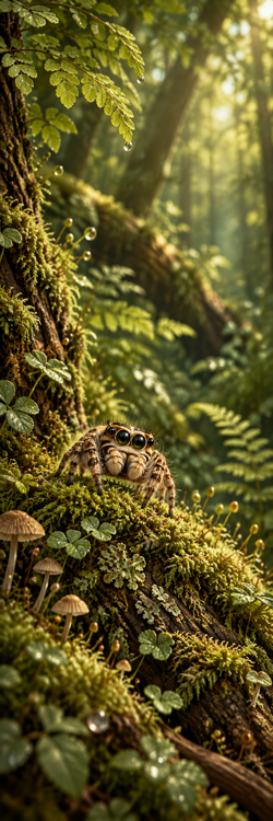 A jumping spider among moss, ferns, and tiny mushrooms in a sunlit woodland